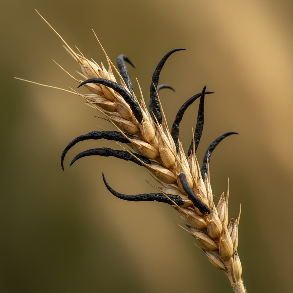 A macro shot of a single head of rye, its golden grains infested with long, curved black spurs of ergot, looking like th