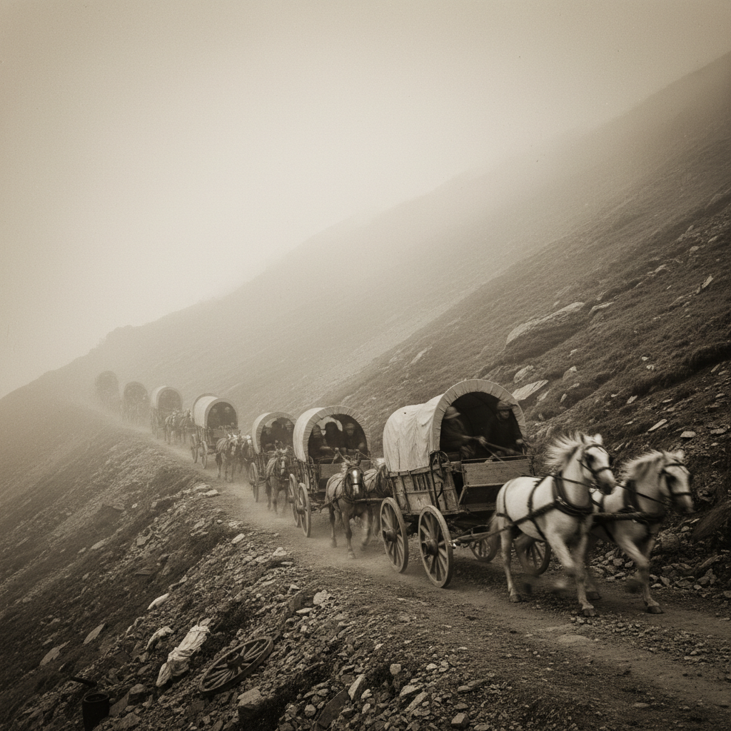 A line of wooden wagons winding up a steep, mist-shrouded mountain path, the figures inside blurred by motion even as th