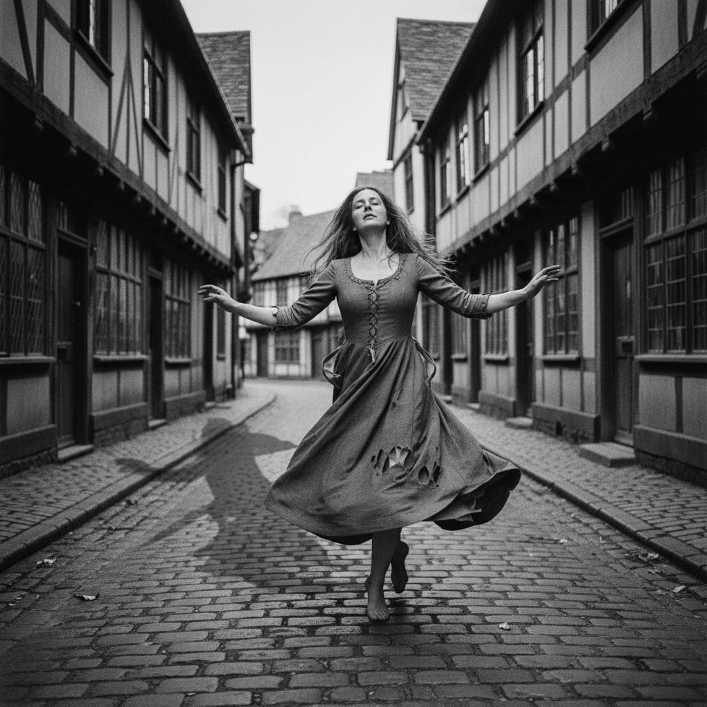 A lone woman in a tattered grey kirtle dancing on a deserted cobblestone street, her shadow long and distorted against t