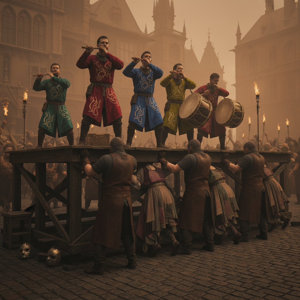 A raised wooden platform in a city square where musicians in colorful tunics play pipes and drums with desperate intensi