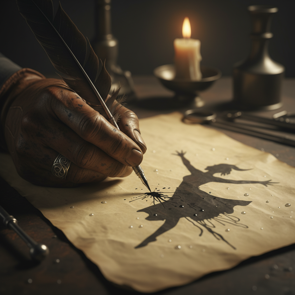 A close-up of a physician’s hand, encased in a stained leather glove, holding a quill over a parchment slick with sweat,