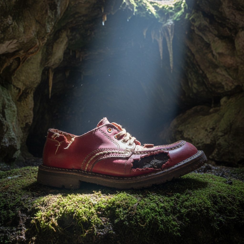 A single red leather shoe, the stitching frayed and the sole worn through, lying abandoned on the damp, mossy floor of a