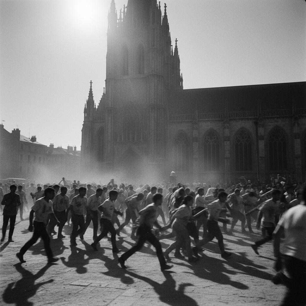 A crowded public square where dozens of people, their clothes stained with sweat and dirt, move in a chaotic, blurred fr