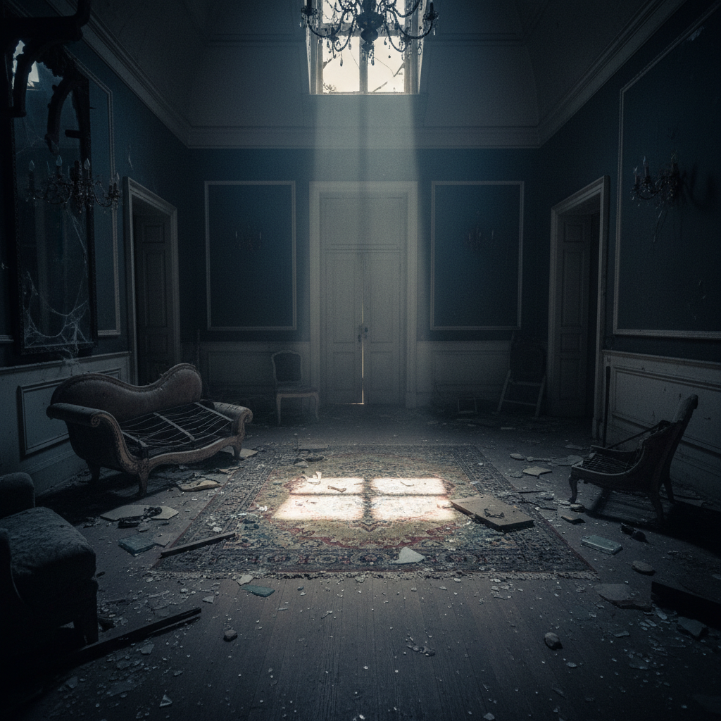 A grainy, wide-angle shot of the empty, debris-strewn parlor after the bodies were removed, a single shaft of light hitt