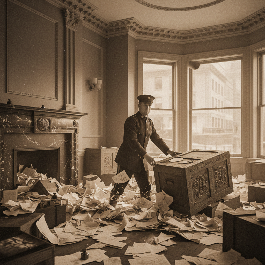 A grainy photograph of a policeman standing knee-deep in a sea of loose papers and crates inside the brownstone parlor.