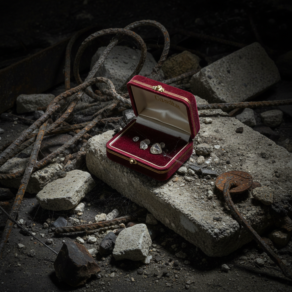 A single, velvet-lined jewelry box sitting atop a pile of grime-covered debris, its lid slightly open.