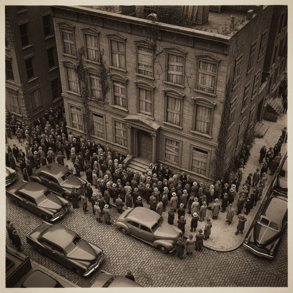A black-and-white aerial view of the 2078 Fifth Avenue brownstone, its windows dark and boarded, surrounded by a crowd o