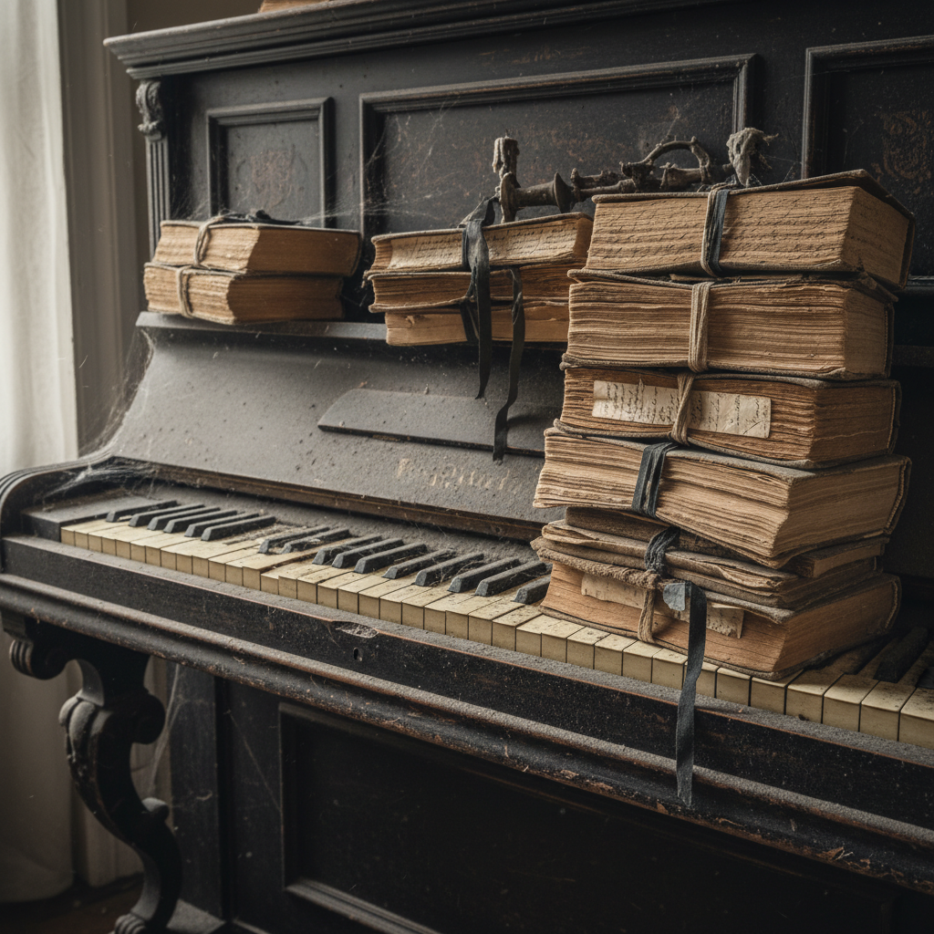A close-up of a dusty, upright piano, its keys yellowed like old teeth, nearly swallowed by stacks of yellowed journals.