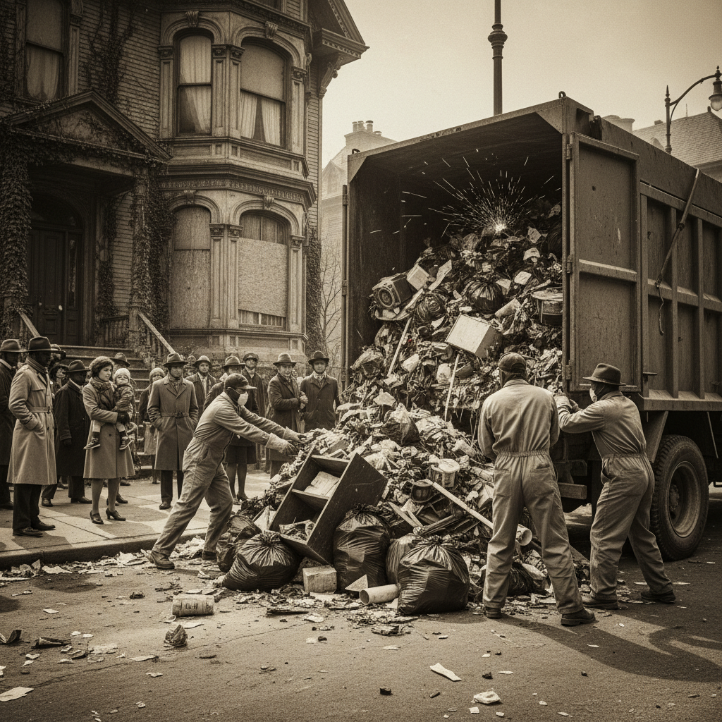 Workers on the sidewalk outside the house, tossing mountains of trash into a waiting dump truck as onlookers stare.