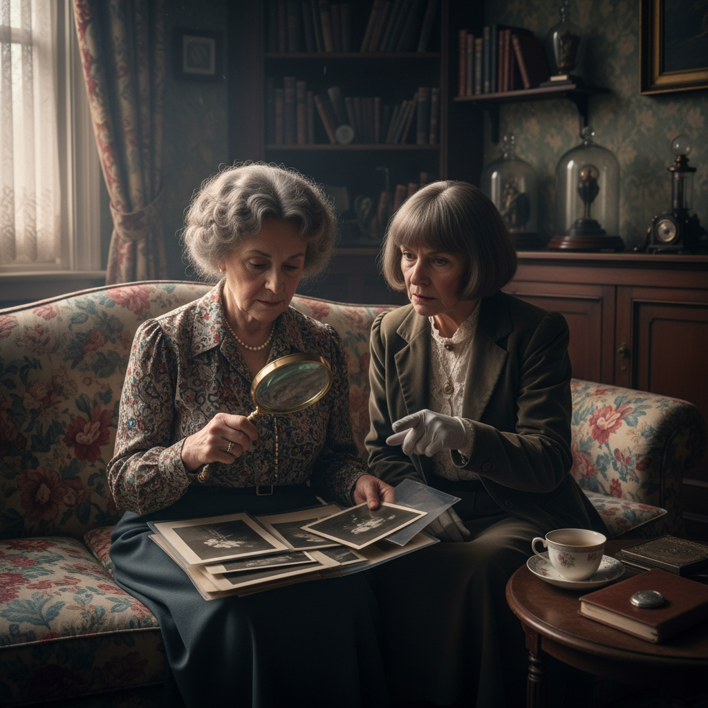 Two elderly women, Elsie and Frances, sitting on a floral sofa in the 1980s, looking at the original 1917 photographs th