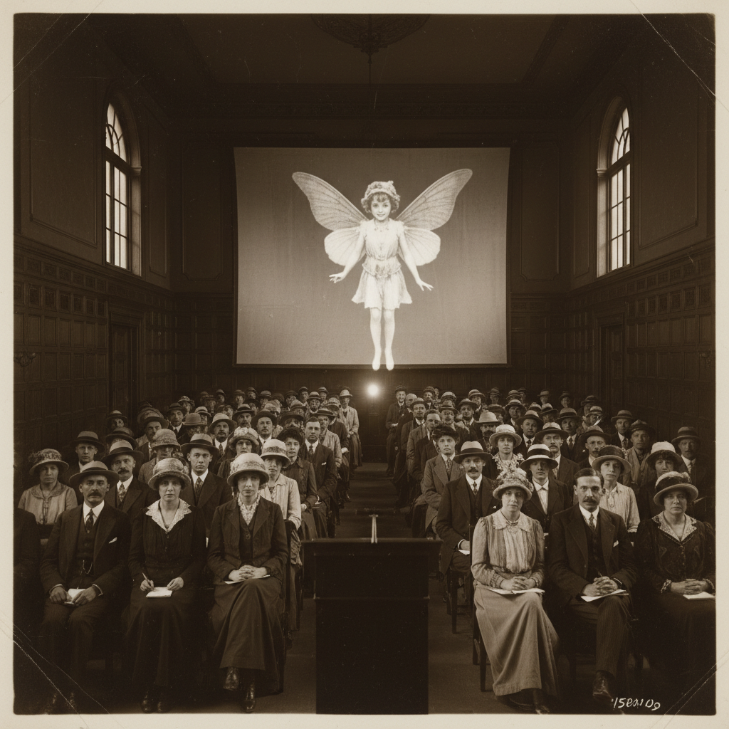A 1920s lecture hall, shrouded in shadow, where a large projection of a Cottingley fairy looms over a rapt, somber audie