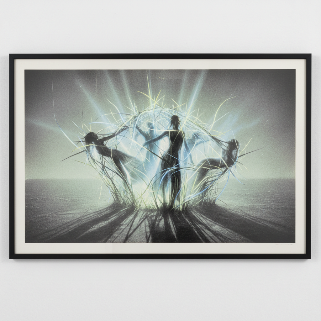 The fifth photograph, a grainy, ethereal image of several figures half-submerged in a cocoon of light and grass, looking