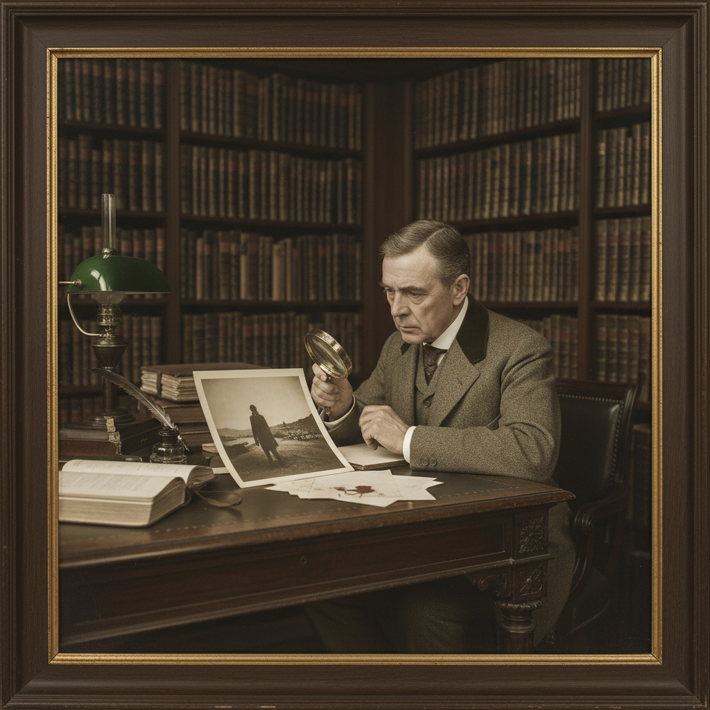 Arthur Conan Doyle in his library, surrounded by leather-bound books, looking intently at a photographic print with a ma