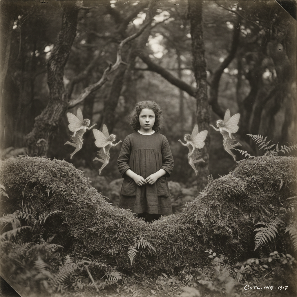 A black and white photograph of Frances Griffiths standing behind a mossy bank, four winged fairies dancing in the air b