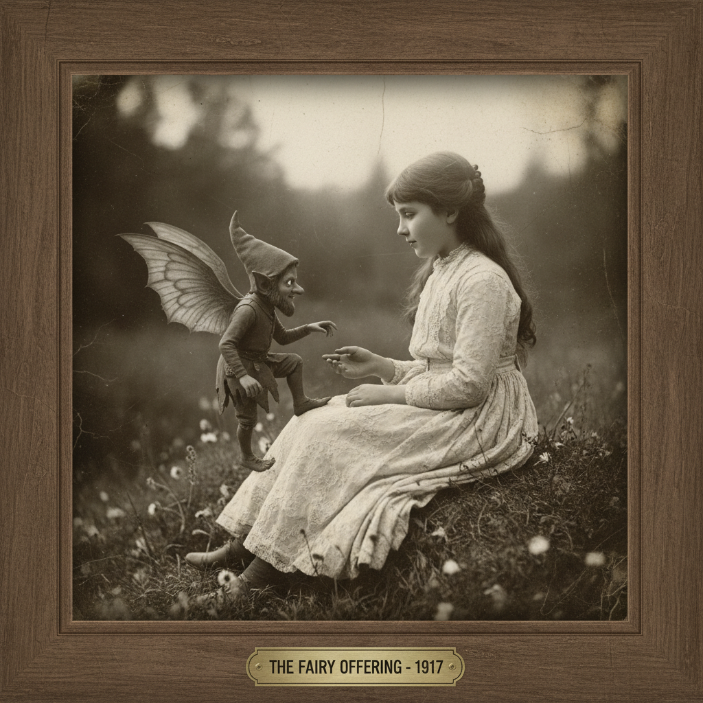 A photograph of Elsie Wright seated on the grass, reaching out a hand to a winged gnome who is stepping toward her knee.