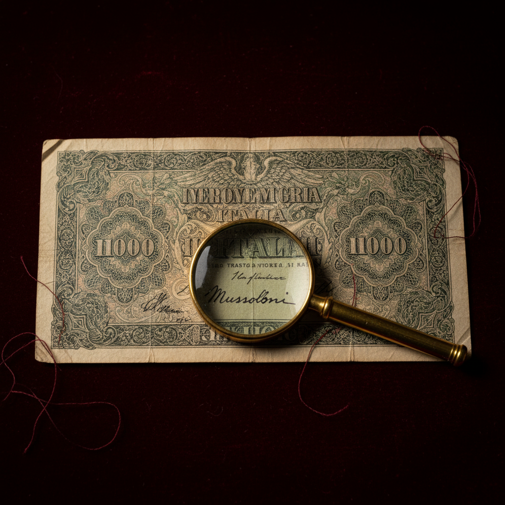 A close-up of a forged Italian Treasury bill lying on a dark velvet cloth. The engraving is incredibly intricate, but un