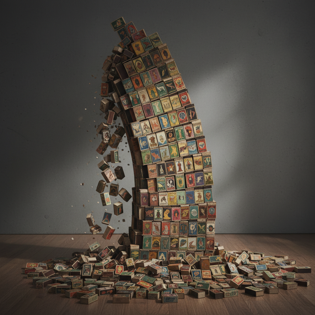 A pile of thousands of vintage matchboxes, their colorful labels faded, stacked into a pyramid that is beginning to lean