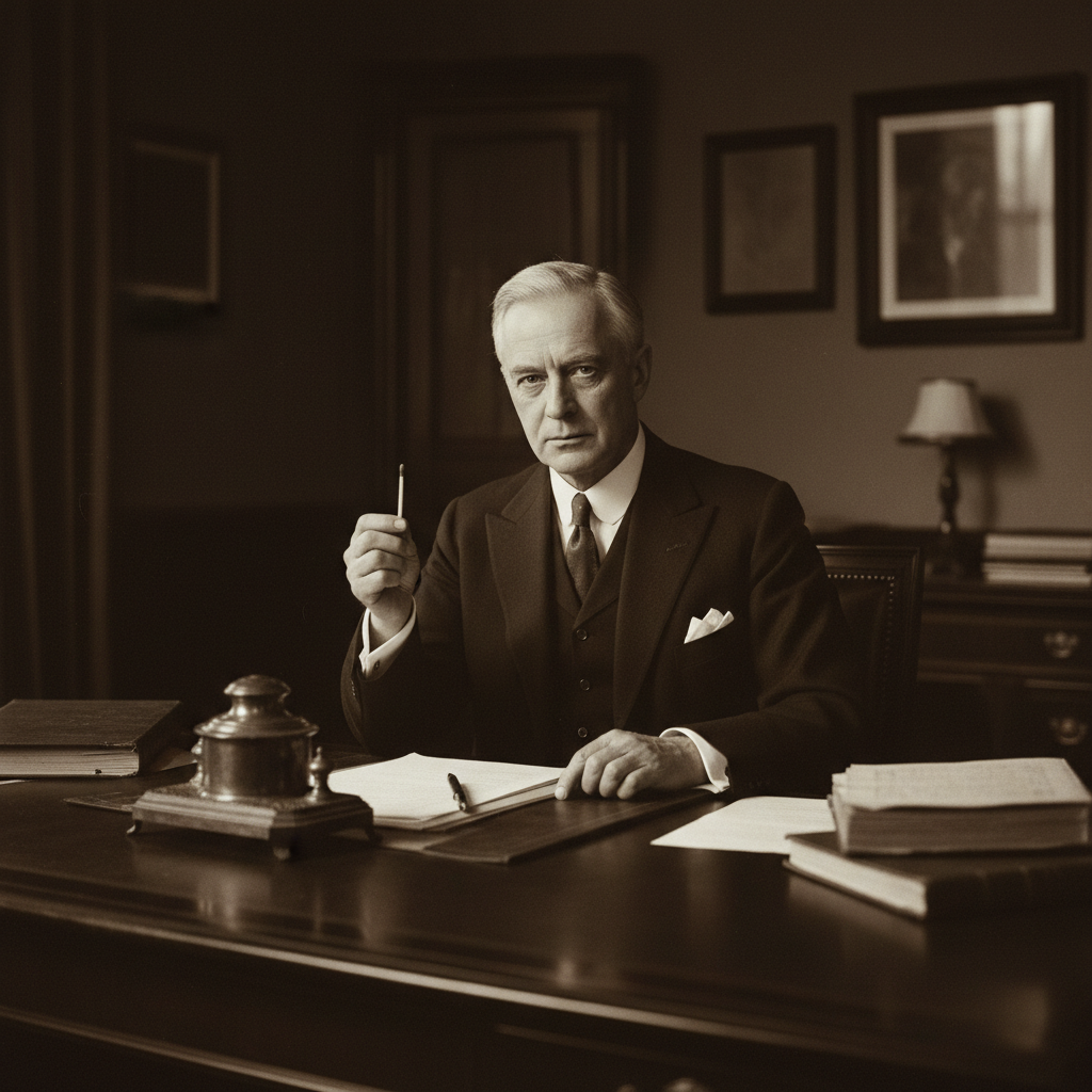 Ivar Kreuger sitting at a mahogany desk in a dimly lit office, impeccably dressed in a dark, three-piece suit. He is hol