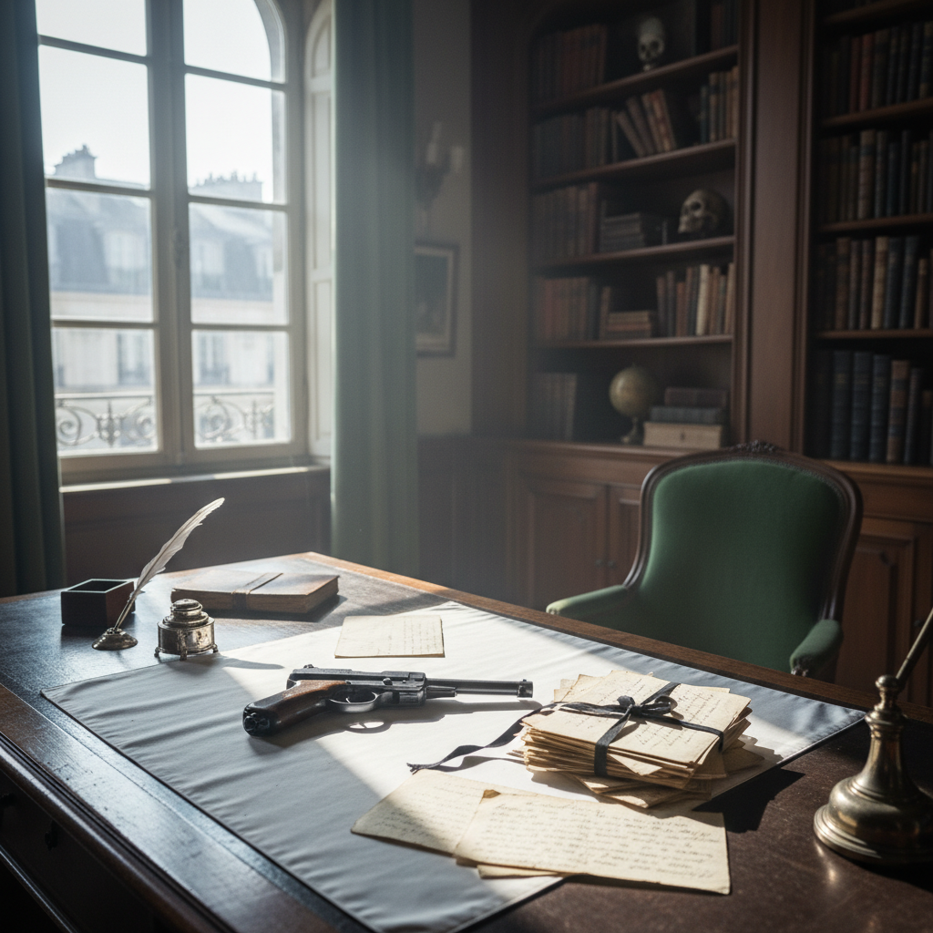 The interior of Kreuger’s Parisian study. A single 9mm Mauser pistol lies on a white silk blotter next to a stack of han