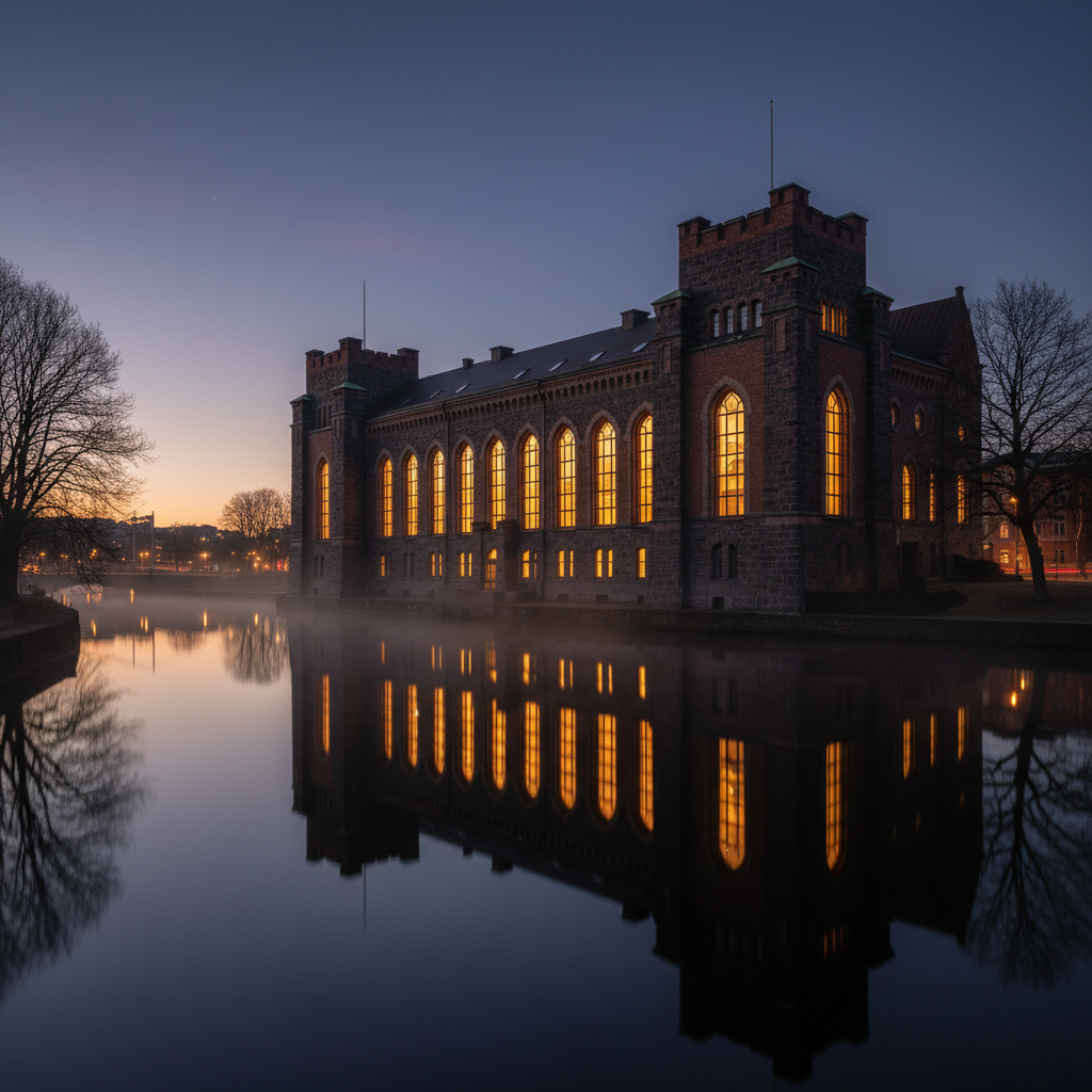 The Match Palace in Stockholm at twilight, its tall, rhythmic windows glowing with a warm, amber light that reflects in 