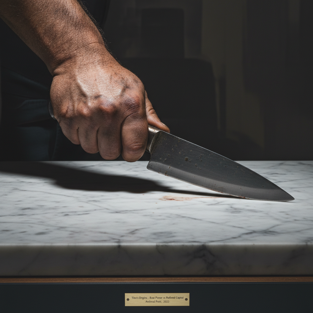 A close-up of a man’s thick, grease-stained hand holding a butcher’s knife over a marble slab, contrasting the raw physi