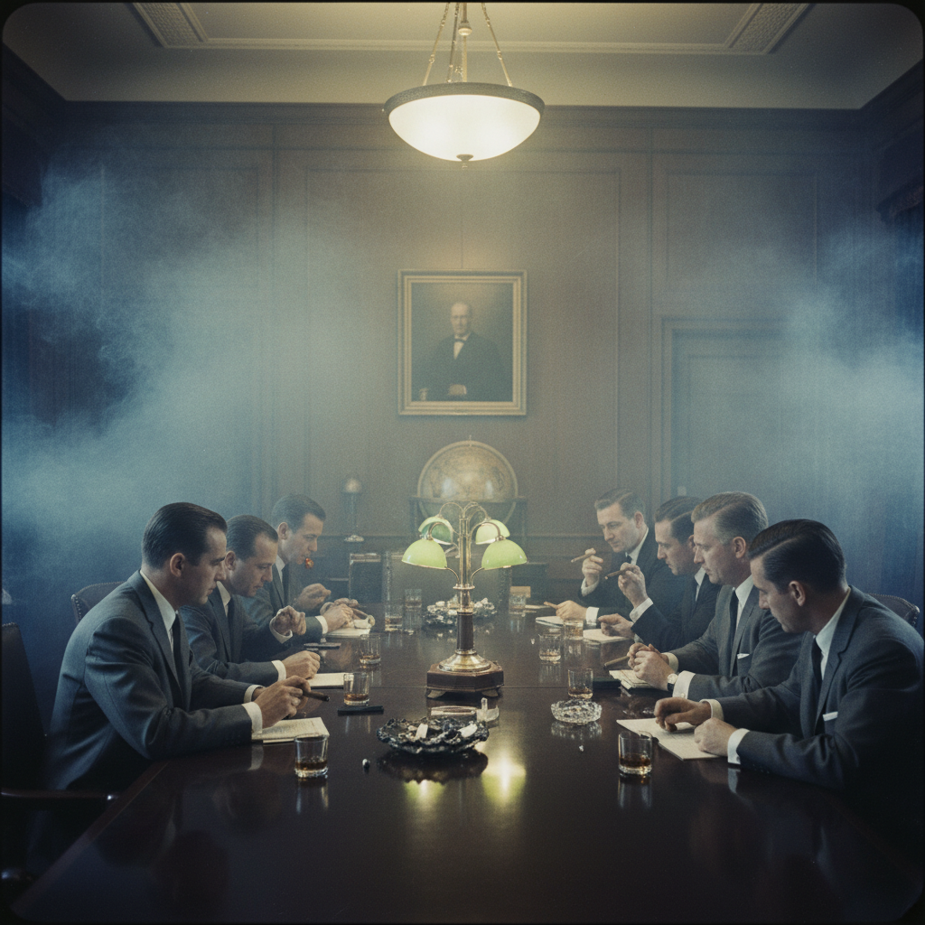 A wide shot of a 1960s New York boardroom, thick with blue cigar smoke and men in charcoal suits huddled over a long, po