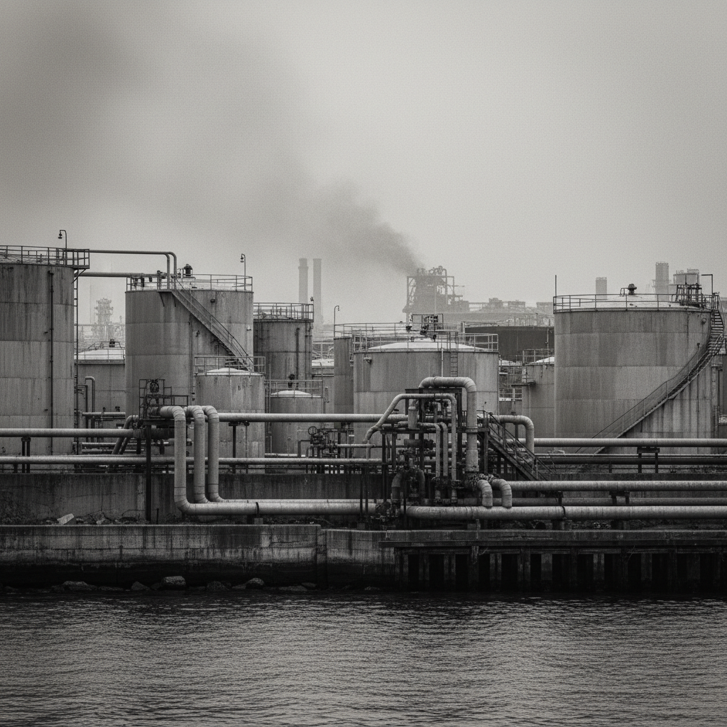 A black and white photograph of the Bayonne waterfront, cluttered with massive industrial storage tanks and tangled pipe