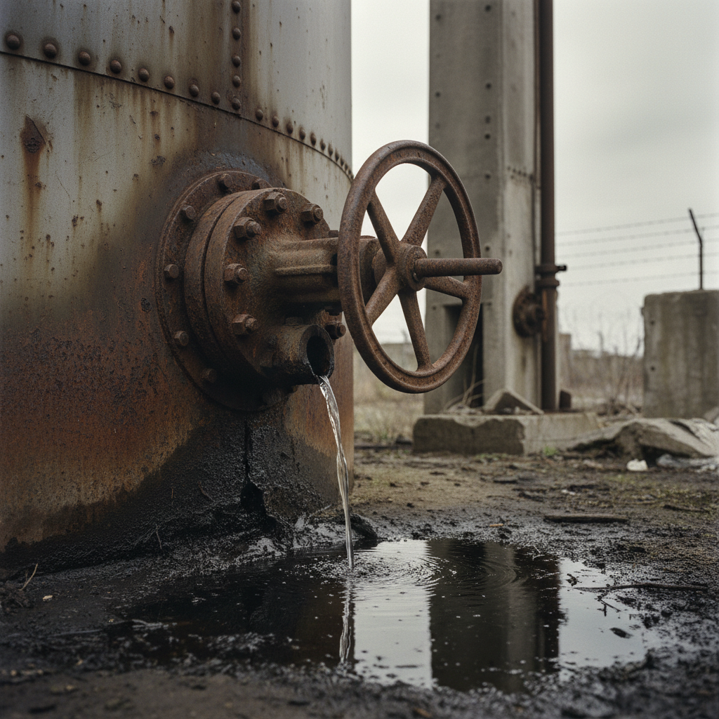 A rusty, oversized valve on the side of a massive industrial tank, with a small stream of clear water leaking out into a