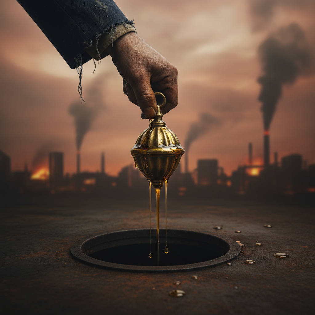 A brass dipping weight being pulled from a dark hatch, dripping with golden oil, held by a hand in a frayed suit sleeve 
