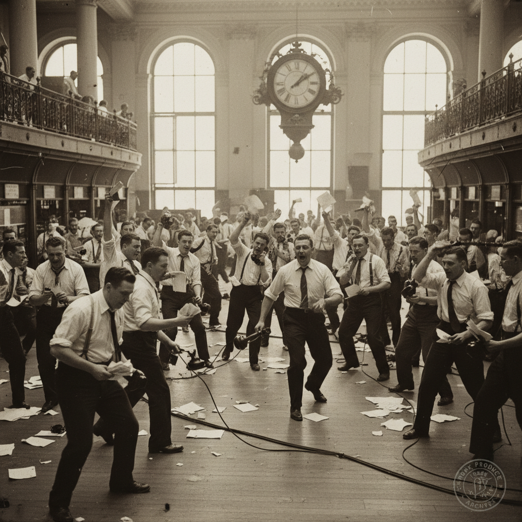 A frantic scene on the floor of the New York Produce Exchange, with traders in rumpled shirts waving papers and shouting