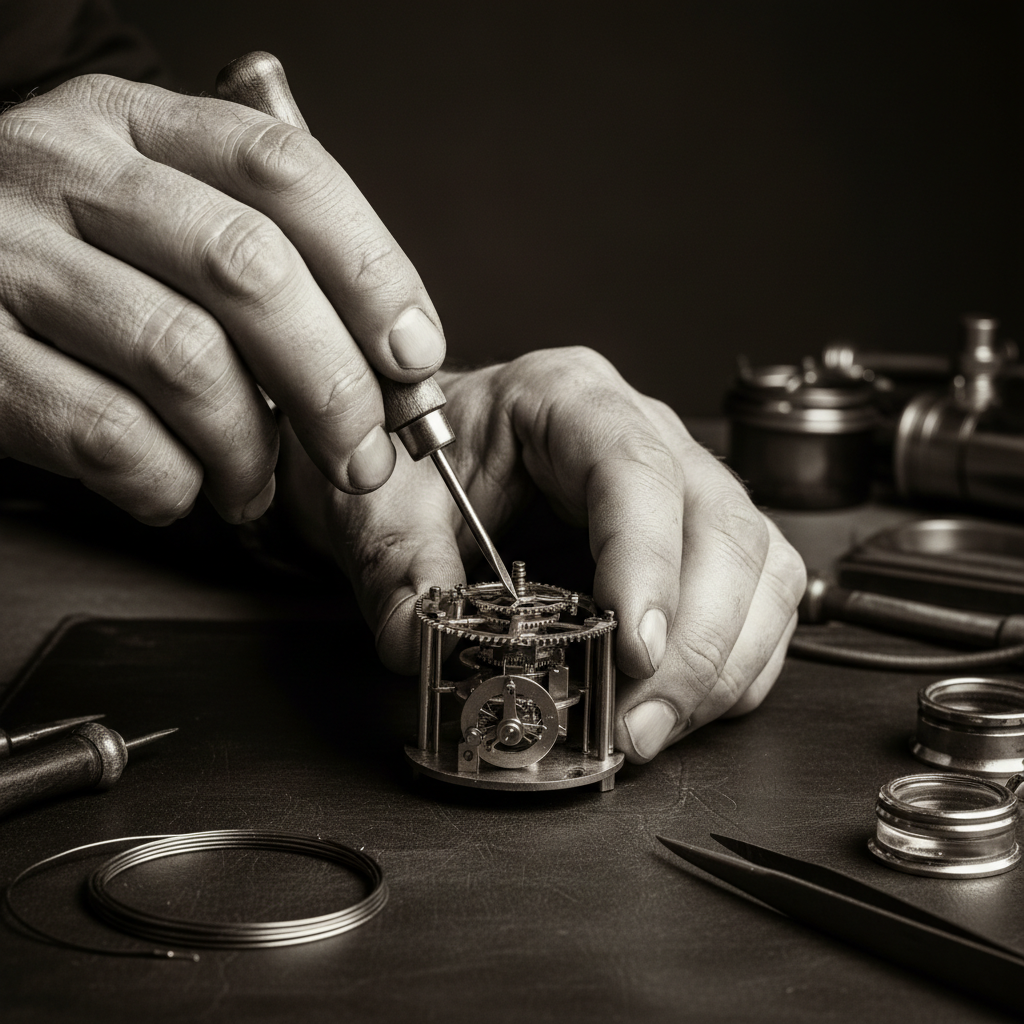 A close-up of a man’s weathered, calloused hands working on an intricate brass gear with a small, precise screwdriver.