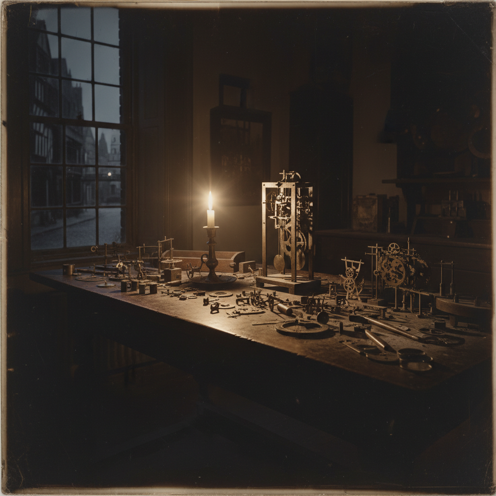A 1700s workshop at night, lit by a single candle, with clock parts scattered across a heavy oak table and a window look