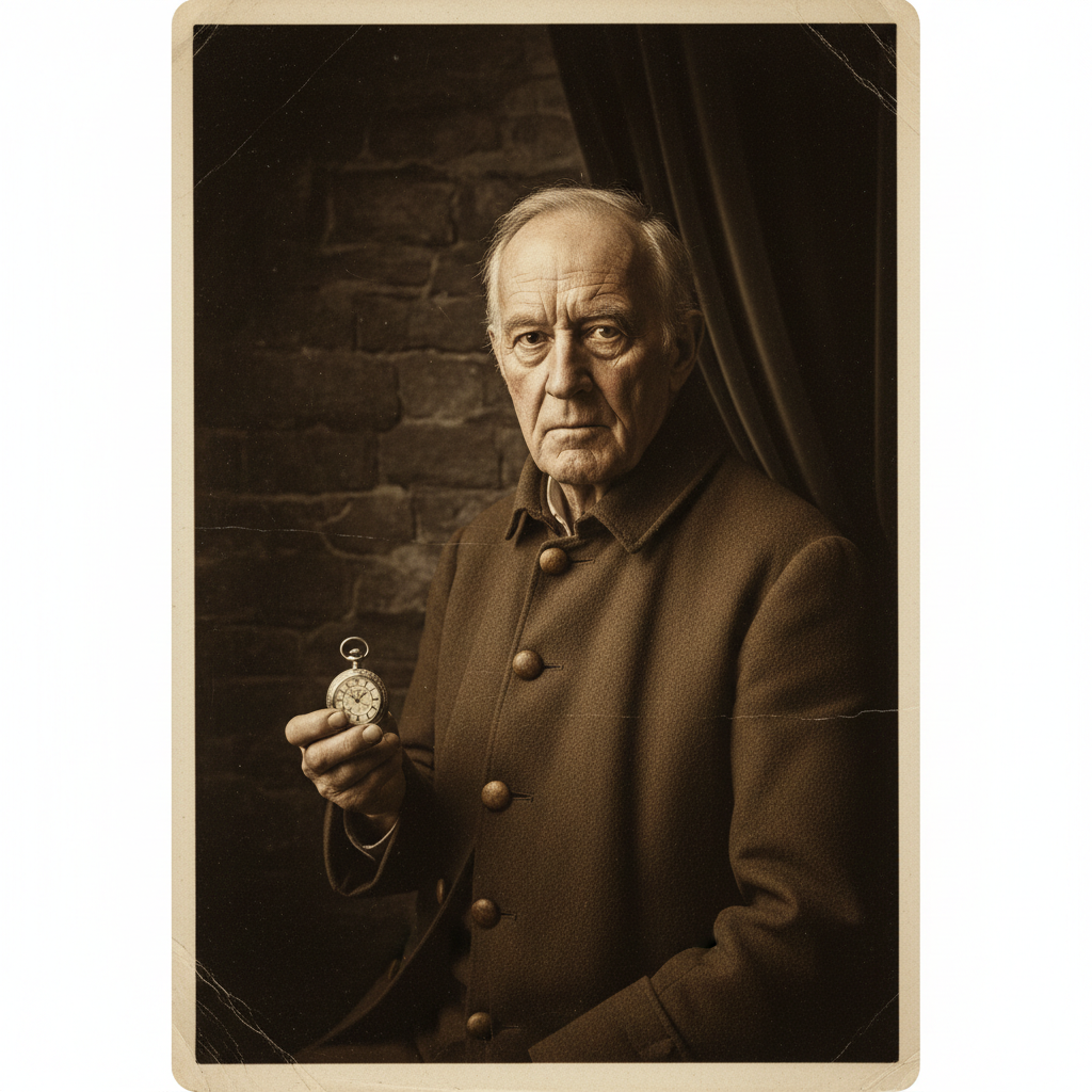 A portrait of an elderly John Harrison, wearing a plain brown coat, looking sternly toward the viewer with a small silve