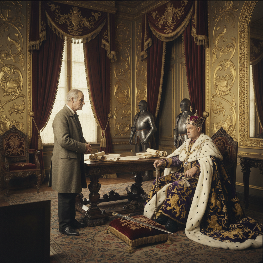 A grand royal drawing room with gold leaf and heavy red drapes, where an old man in a simple coat stands before a king i