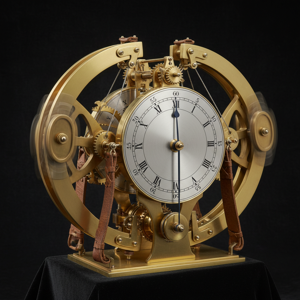 The H1 chronometer, a complex, gleaming brass machine with large dials and counter-swinging balances, set against a dark