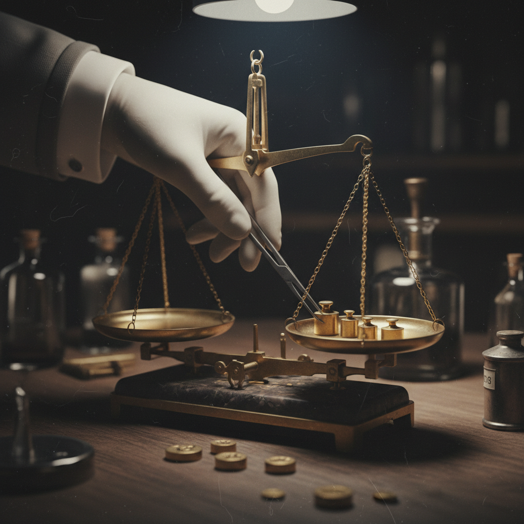 A close-up of a doctor’s hand in a white cuff, adjusting the brass weights on a mechanical scale with surgical precision