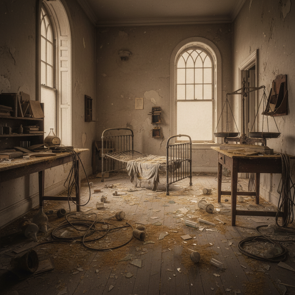 A close-up of a human eye reflecting the glint of a brass scale, the pupil dilated and dark.