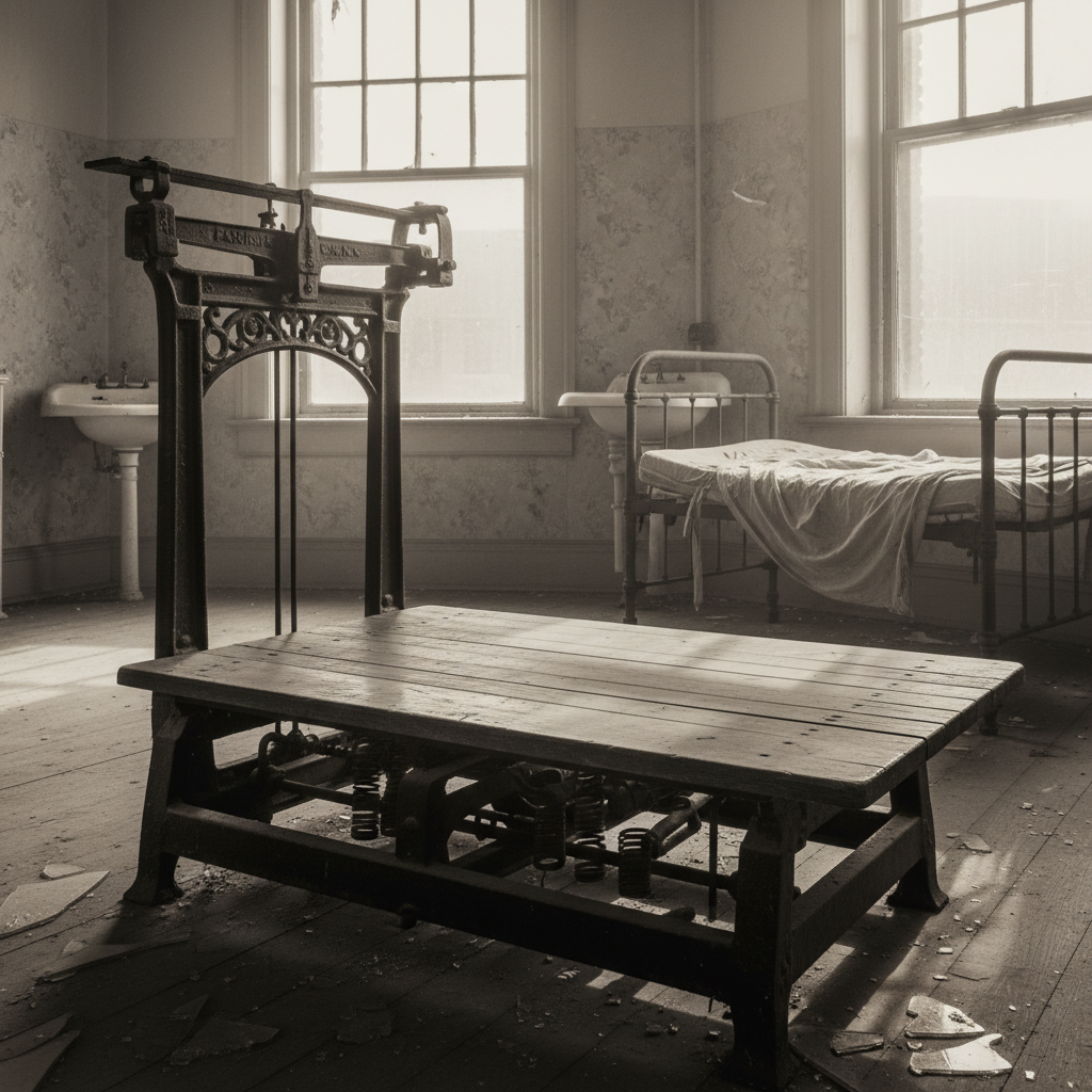 A vintage Fairbanks platform scale made of dark iron and polished wood, positioned in a sun-drenched, dusty 1900s hospit