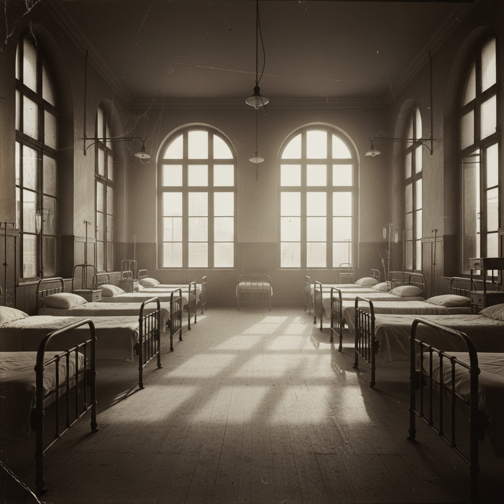 A wide shot of an early 20th-century hospital ward with tall windows, iron beds, and shadows stretching across the floor