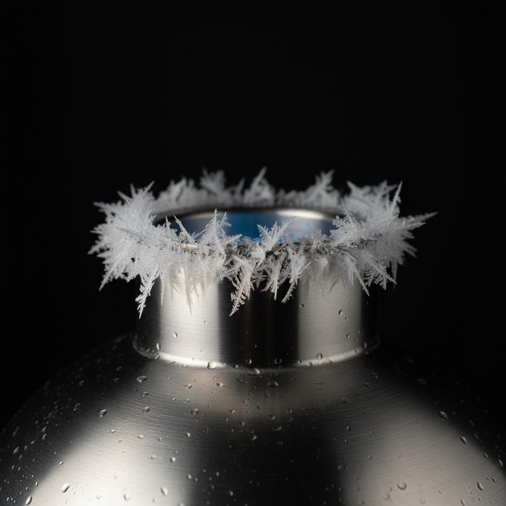 A close-up of a stainless steel cryogenic tank, frost blooming around the rim like intricate, crystalline white lace aga