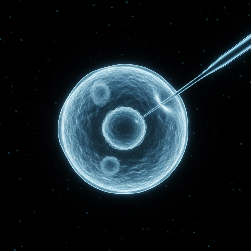 A microscopically thin glass needle, illuminated by a cold blue light, piercing the translucent wall of a single cell.