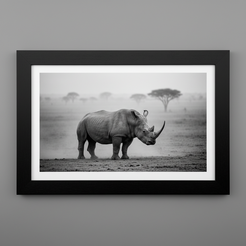 A black and white photograph of Sudan, the last male Northern White Rhino, standing alone in the hazy dust of the Kenyan