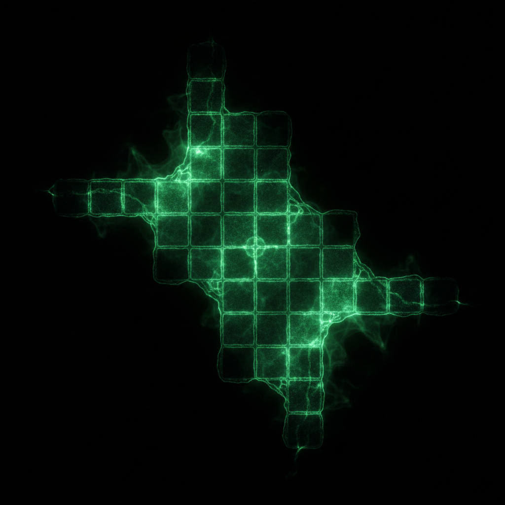 A grid of microscopic cells under a high-contrast filter, glowing with a ghostly, bioluminescent green against a void of