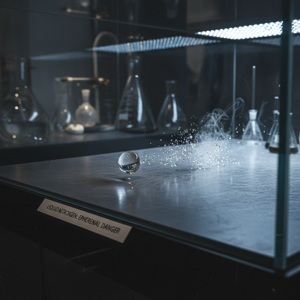 A single, brilliant drop of liquid nitrogen skittering across the dark laboratory floor, shattering into a thousand tiny