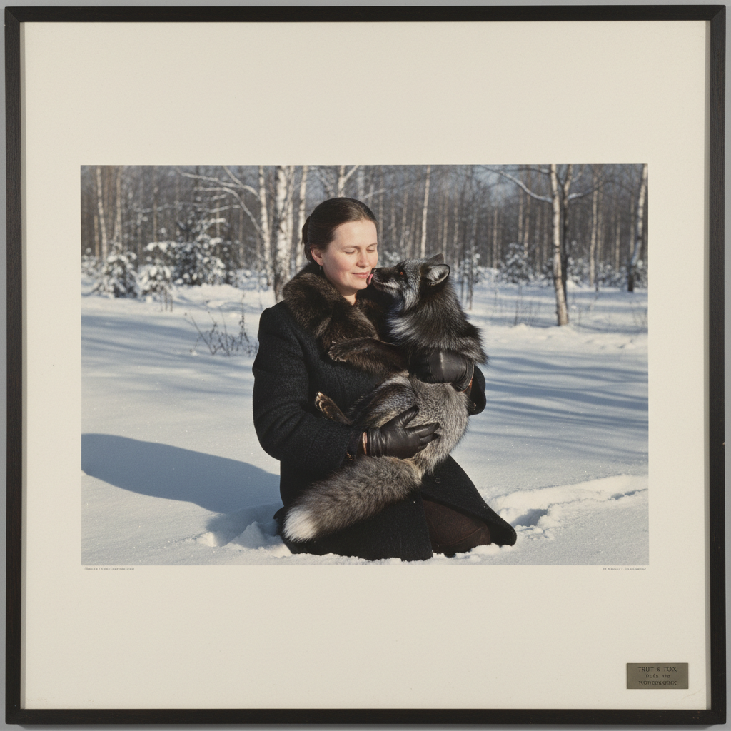 Lyudmila Trut kneeling in the snow, cradling a silver fox that is licking her cheek, its body relaxed and pliant in her 