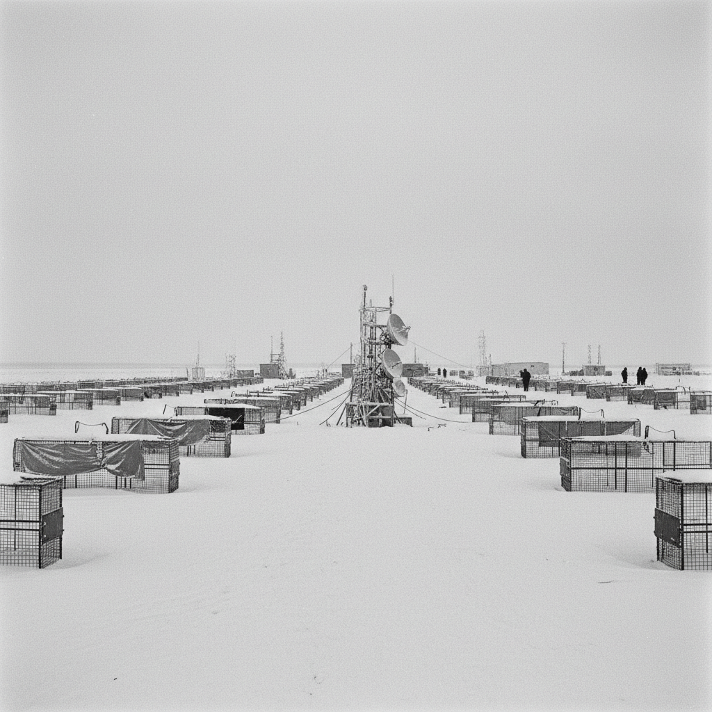 A wide, grainy black-and-white shot of the Siberian research outpost, snow-dusted cages stretching into a grey horizon, 