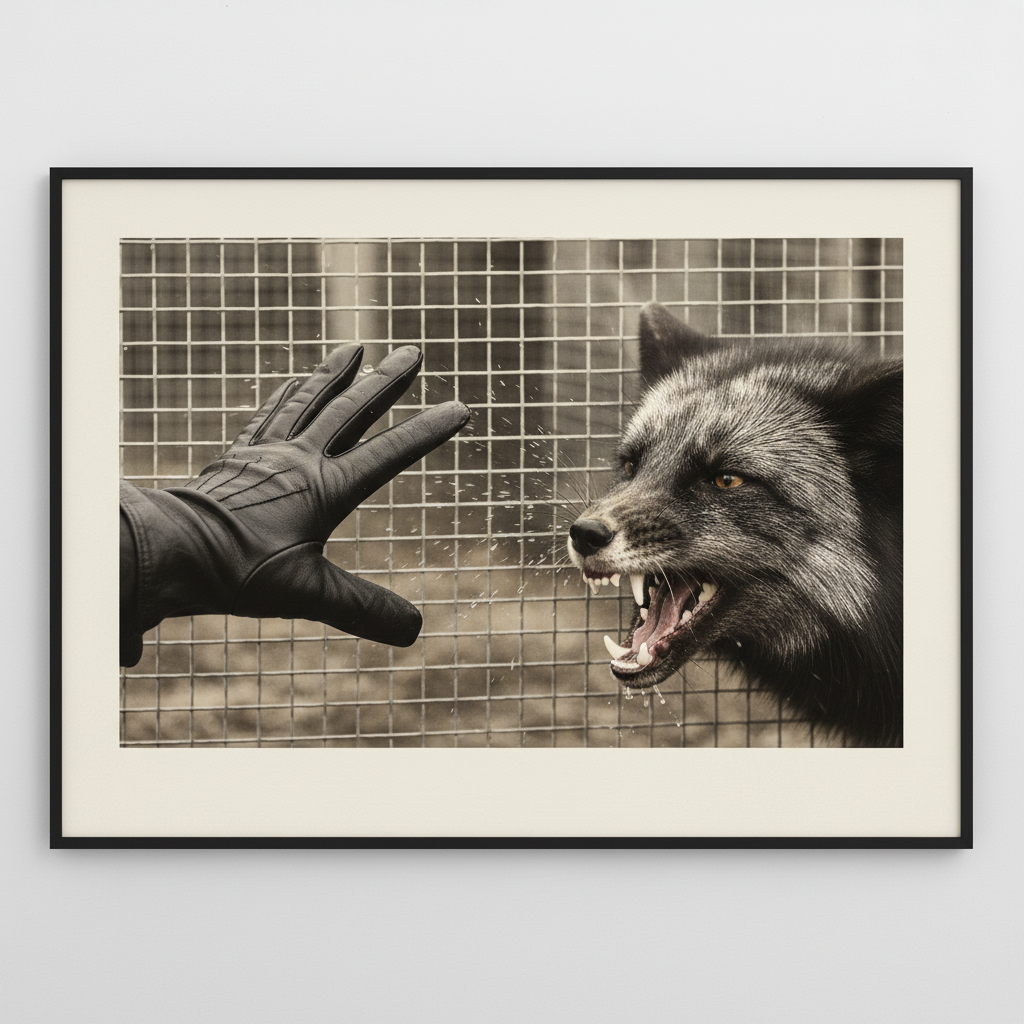 A gloved hand reaching toward a snarling silver fox, the animal’s teeth bared in a blur of motion, saliva spraying again