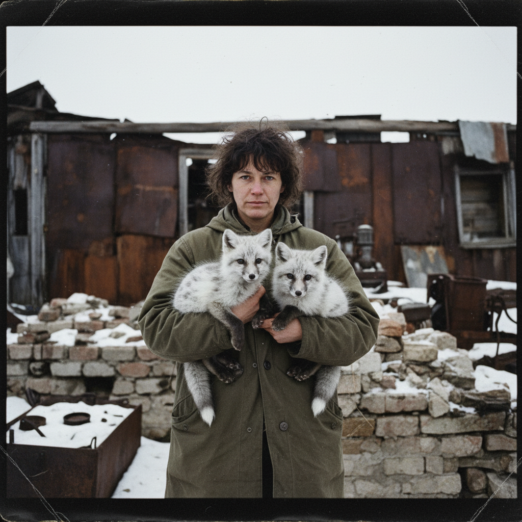 A grainy photo from the early 90s: a researcher in a threadbare coat holding two mottled, white-and-silver fox kits, the