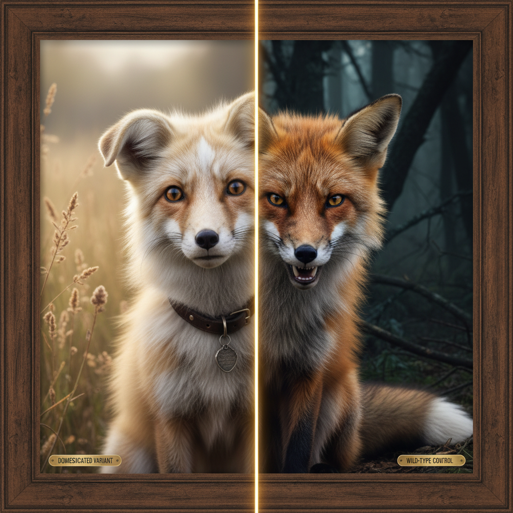 A split-screen comparison: On the left, a tame fox with a white blaze and floppy ears; on the right, a wild-type fox fro
