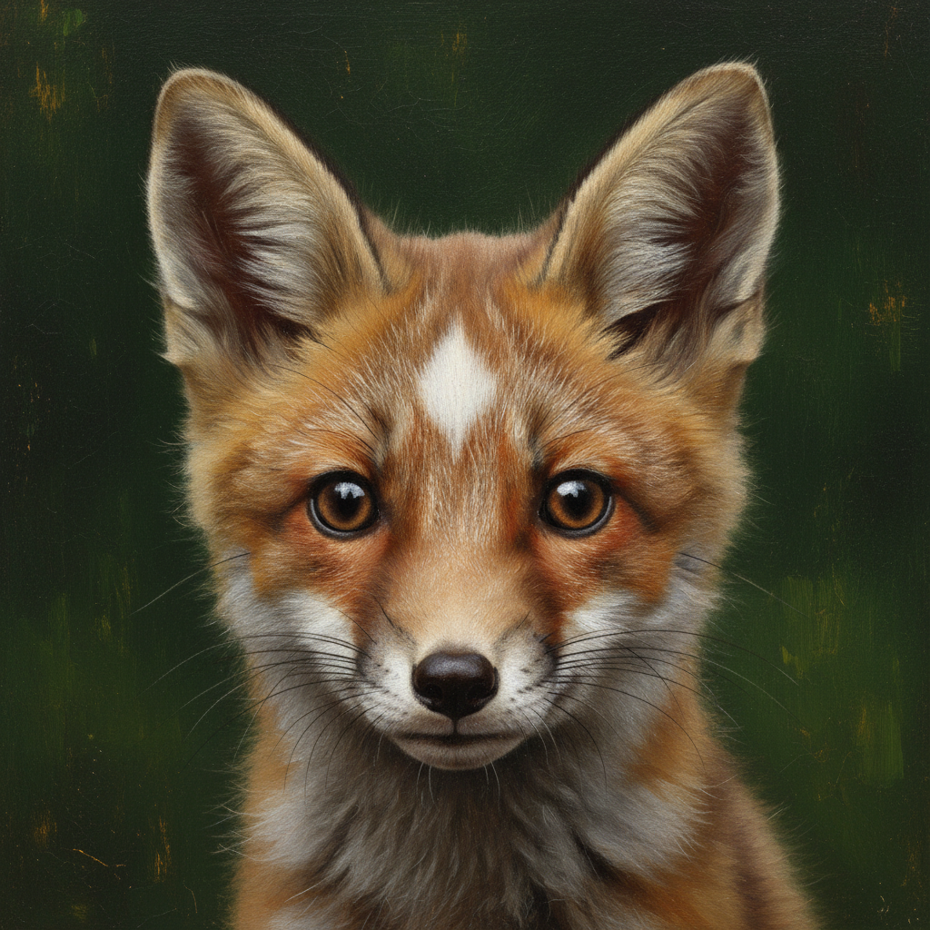 Close-up of a fox puppy with a white 'star' patch on its forehead and one floppy ear, its eyes round and lacking the pre